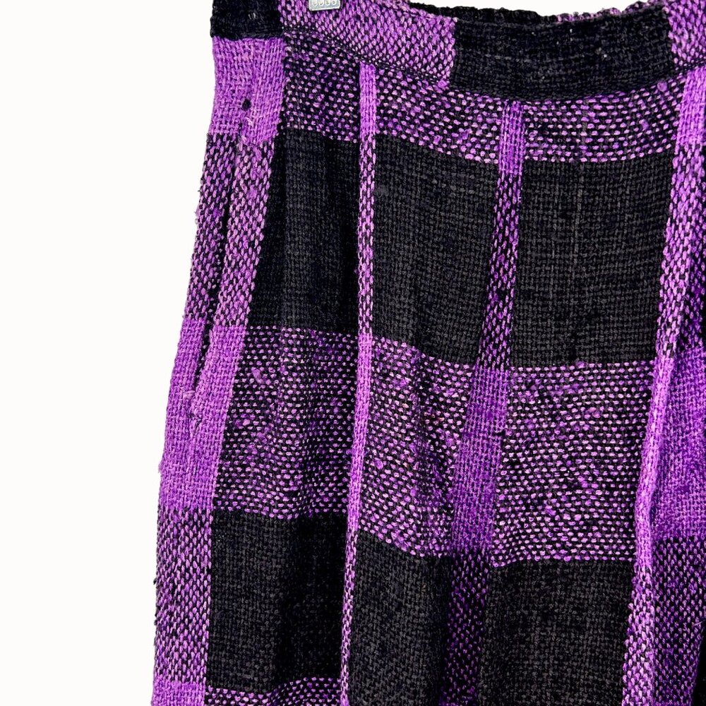 Vintage Purple & Black Textured Checker Plaid Pleated Midi Skirt W/ Pocket - M - Picture 3 of 5